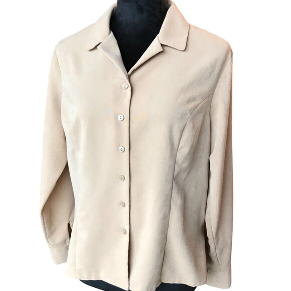 Laura Scott Petite Vintage Button-Down Blouse: Textured Taupe Shirt, Women's 14P - Picture 5 of 14